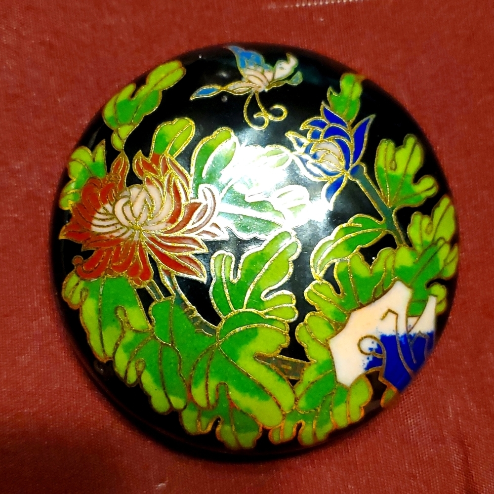Cloisonné Vintage Enamel Brass Round Ring Pill Trinket Box Lotus Flower Blue - Picture 2 of 9